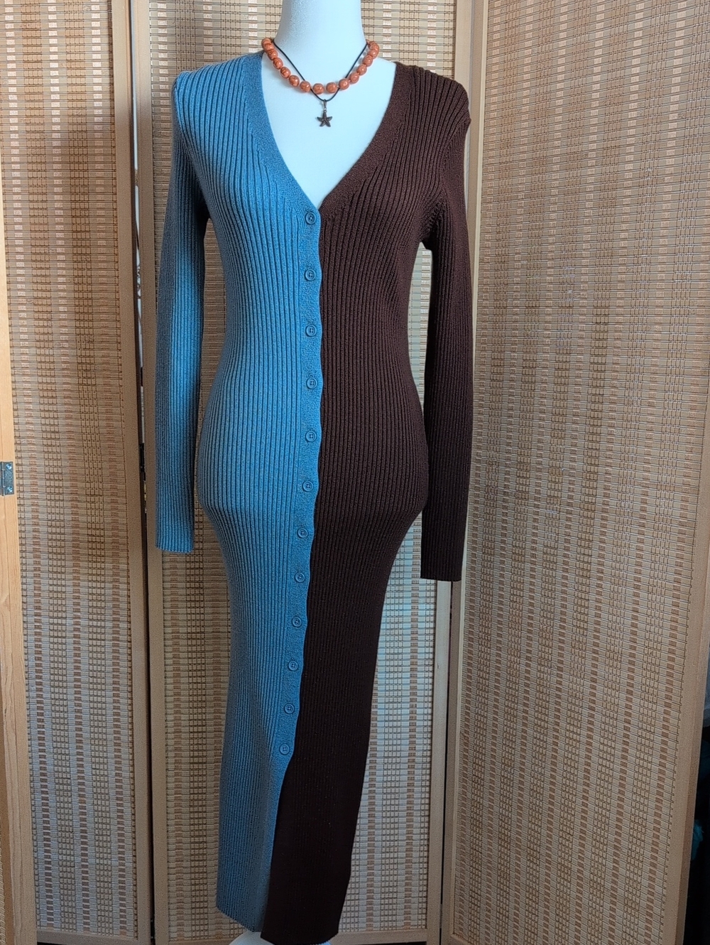Every Ribbed Two-Tone Button-Front Long Sleeve Dress - Blue & Brown